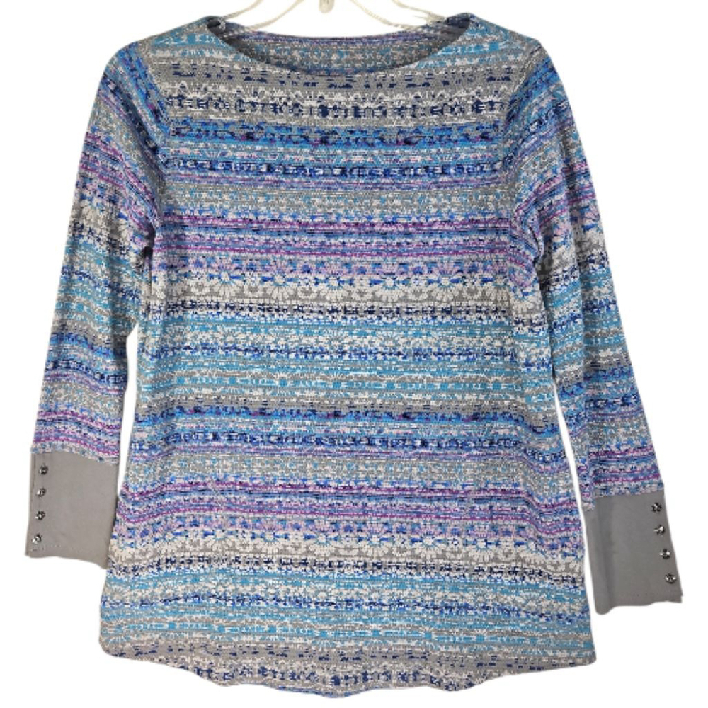J. Jill Blue & Grey Floral Striped Boat Neck Knit Tunic Size XS